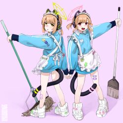 Rule 34 | 2girls, animal ear headphones, animal ears, apron, aqua jacket, bandaid, bandaid on leg, blue archive, blush, broom, cat ear headphones, character name, clothes writing, commentary, fake animal ears, full body, green eyes, headphones, highres, holding, holding broom, holding mop, jacket, jersey maid, kuro4221, long sleeves, looking at viewer, maid, maid headdress, midori (blue archive), midori (maid) (blue archive), momoi (blue archive), momoi (maid) (blue archive), mop, multiple girls, open mouth, orange hair, parted lips, pink background, red eyes, shoes, siblings, simple background, sisters, sneakers, standing, tail, track jacket, twins, unconventional maid, white apron, white footwear