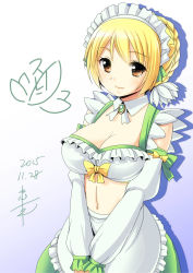 Rule 34 | 10s, 1girl, 2015, apron, arm warmers, blonde hair, bow, braid, breasts, brown eyes, character name, cleavage, cowboy shot, dated, detached collar, flower knight girl, french braid, green skirt, highres, looking at viewer, maid, maid apron, maid headdress, midriff, short hair, signature, skirt, smile, solo, suiren (flower knight girl), tadano myoushi, v arms, water lily (flower knight girl), yellow bow