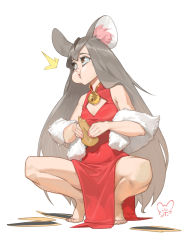 Rule 34 | 1girl, absurdres, animal ear fluff, animal ears, bare shoulders, barefoot, bell, brown eyes, chen zhang, chinese zodiac, cleavage cutout, closed mouth, clothing cutout, covered erect nipples, diamond cutout, eating, eyeshadow, fingernails, food, grey hair, highres, holding, holding food, long hair, makeup, mouse ears, mouse girl, nail polish, original, pink nails, seed, signature, simple background, solo, squatting, toenail polish, toenails, very long hair, white background, year of the rat