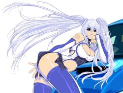 Rule 34 | 1girl, arm tattoo, breasts, car, clenched hand, clothing cutout, detached sleeves, floating hair, himegami gadget, kikuchi michitaka, large breasts, leaning forward, long hair, motor vehicle, navel, official art, parted lips, silver hair, skindentation, smile, solo, stomach cutout, subaru impreza, tattoo, thighhighs, twintails