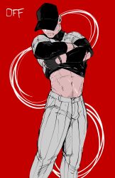 Rule 34 | 1boy, abs, absurdres, bara, baseball cap, baseball uniform, feet out of frame, hat, hat over eyes, highres, lifted by self, long sleeves, male focus, matty (radicallymaxton), midriff peek, navel, navel hair, off (game), pants, scar, scar on stomach, solo, sportswear, stomach, the batter (off), thighs, undressing