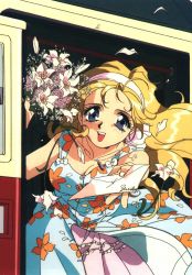 Rule 34 | 1girl, blonde hair, blue eyes, breasts, cleavage, dress, floral print, flower, hairband, highres, holding, holding flower, holding letter, ishida atsuko, letter, long hair, looking at viewer, open mouth, outstretched arm, solo, sundress