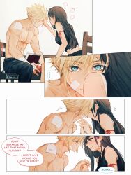 Rule 34 | ..., 1boy, 1girl, absurdres, arm ribbon, bandaged arm, bandages, bandaid, bandaid on face, bandaid on shoulder, bare shoulders, black hair, black vest, blonde hair, blue eyes, blush, breasts, close-up, closed mouth, cloud strife, collarbone, commentary, couple, crop top, earrings, embarrassed, english text, final fantasy, final fantasy vii, final fantasy vii advent children, flying sweatdrops, hair behind ear, hair between eyes, hand on another&#039;s head, hetero, highres, holding hands, jewelry, kiss, long hair, looking at another, maiii (smaii i), medium breasts, on chair, red eyes, red ribbon, ribbon, scar, sequential, short hair, single earring, sitting, speech bubble, spiked hair, spoken ellipsis, surprise kiss, surprised, sweatdrop, symbol-only commentary, tank top, teardrop earring, tifa lockhart, toned, toned male, topless male, twitter username, upper body, vest, white background, white tank top