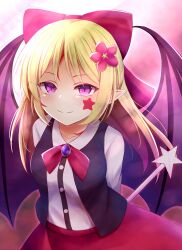 Rule 34 | 1girl, arms behind back, bat wings, blonde hair, bow, breasts, brooch, closed mouth, collarbone, elis (touhou), flower, from above, hair flower, hair ornament, highres, jewelry, long hair, looking at viewer, medium breasts, natsu (927013), outer glow, pink eyes, pointy ears, red bow, red skirt, shirt, skirt, smile, solo, star (symbol), star print, touhou, touhou (pc-98), upper body, vest, wand, white shirt, wing collar, wings
