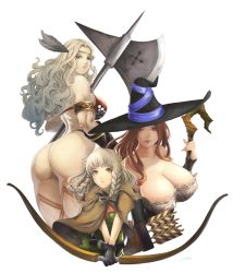 Rule 34 | 3girls, amazon (dragon&#039;s crown), armlet, armor, arrow (projectile), ass, back, bare shoulders, belt, bikini armor, black gloves, blonde hair, blue eyes, bow (weapon), braid, breasts, brown eyes, brown hair, circlet, cleavage, cloak, collarbone, curly hair, detached sleeves, dragon&#039;s crown, dress, elf, elf (dragon&#039;s crown), feathers, gloves, grey hair, halberd, hat, huge ass, huge breasts, large breasts, lips, long hair, looking at viewer, looking back, multiple girls, muscular, muscular female, pointy ears, polearm, quiver, signature, simple background, sorceress (dragon&#039;s crown), staff, stealthmaria, strap gap, strapless, strapless dress, tattoo, twin braids, v arms, weapon, white background, witch hat