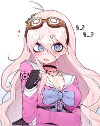 Rule 34 | 1girl, antenna hair, barbed wire, black choker, black gloves, blonde hair, blue eyes, blush, bow, bowtie, breasts, choker, cleavage, commentary request, d:, danganronpa (series), danganronpa v3: killing harmony, fingerless gloves, gloves, goggles, goggles on head, green bow, green bowtie, hair between eyes, highres, igal igaru, iruma miu, korean commentary, large breasts, leegal kkyu, long hair, long sleeves, o-ring, open mouth, pink shirt, shirt, simple background, solo, teeth, translation request, upper body, upper teeth only