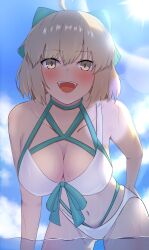 Rule 34 | 1girl, ahoge, aqua bow, bare shoulders, bikini, blonde hair, blush, bow, breasts, cleavage, collarbone, fate/grand order, fate (series), hair bow, highres, large breasts, looking at viewer, navel, okita j. souji (fate), okita j. souji (third ascension) (fate), okita souji (fate), open mouth, outdoors, short hair, smile, solo, swimsuit, thighs, umi endu, white bikini, yellow eyes