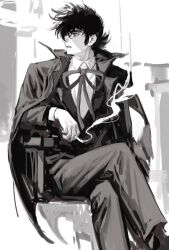 Rule 34 | 1boy, azom (zmoldman), black jack (character), black jack (series), cigarette, collared shirt, crossed legs, expressionless, feet out of frame, formal, greyscale, hair over one eye, holding, holding cigarette, long sideburns, looking to the side, male focus, monochrome, multicolored hair, painterly, patchwork skin, scar, scar on face, shirt, short hair, sideburns, sitting, sketch, solo, split-color hair, suit, thick eyebrows, turning head, two-tone hair, white hair
