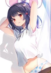 Rule 34 | 1girl, animal ears, arms up, black hair, blush, bow, breasts, brown skirt, clothes pull, commentary request, curtains, dutch angle, granblue fantasy, highres, looking at viewer, mouse ears, panties, parted lips, pilokey, polka dot, polka dot panties, red eyes, shirt, short sleeves, skirt, skirt pull, small breasts, solo, striped, striped bow, sweat, transparent, underwear, vikala (granblue fantasy), white bow, white panties, white shirt