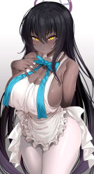 Rule 34 | 1girl, ahoge, apron, arm behind back, bare shoulders, black hair, blue archive, blue ribbon, breasts, closed mouth, dark-skinned female, dark skin, detached collar, frilled apron, frills, gradient background, grey background, hair between eyes, half-closed eyes, halo, hand on own chest, hand up, highres, karin (blue archive), legs together, long hair, looking at viewer, neck ribbon, no bra, pantyhose, ribbon, solo, standing, sweat, tem10, thick thighs, thighs, v-shaped eyebrows, very long hair, white apron, white background, white pantyhose, wide hips, yellow eyes