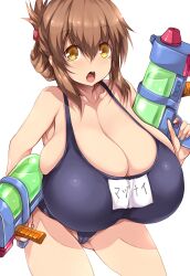 Rule 34 | 1girl, alternate breast size, breasts, brown eyes, brown hair, cameltoe, cleavage, cleft of venus, dot nose, eyelashes, female focus, hair between eyes, highres, holding, holding water gun, huge breasts, inazuma (kancolle), japanese text, kantai collection, looking at viewer, one-piece swimsuit, open mouth, oppai loli, school uniform, short hair, sidelocks, skindentation, solo, standing, swimsuit, tsukasawa takamatsu, water, water gun, white background