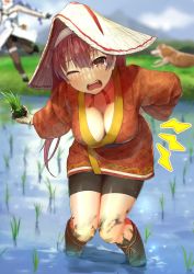 Rule 34 | 2girls, back pain, bike shorts, black shorts, blurry, boots, breasts, chasing, cleavage, commentary request, depth of field, dirt, dirty hands, dog, fleeing, grass, hairband, hakama, hakama skirt, headwear request, highres, holding, holding plant, hololive, houshou marine, in water, japanese clothes, knee boots, large breasts, leaning forward, long hair, mountainous horizon, mud, multiple girls, one eye closed, open mouth, pain, plant, pond, red eyes, red hair, red hakama, rice paddy, rice planting, shorts, skirt, solo focus, tearing up, twintails, usada pekora, usada pekora (1st costume), virtual youtuber, wading, wankosukii, wince