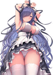 Rule 34 | 1girl, armband, armpits, august von parseval (azur lane), august von parseval (the conquered unhulde) (azur lane), azur lane, blush, bound, bound wrists, breasts, dress, frilled dress, frills, from below, garter straps, gluteal fold, grey hair, hair over one eye, highres, horns, large breasts, long hair, looking at viewer, looking down, mechanical horns, melopun, official alternate costume, panties, purple eyes, sideboob, simple background, solo, thighhighs, underwear, white background, white panties, white thighhighs
