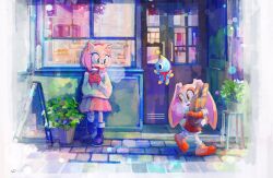 Rule 34 | 2girls, alternate costume, amy rose, baguette, bread, carrying, chao (sonic), commentary, cream the rabbit, cup, day, english commentary, floating, food, gloves, green eyes, highres, holding, holding cup, iyo (1eavethebus), leaning back, multiple girls, outdoors, rabbit, red eyes, scarf, sonic (series), winter, winter clothes