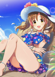 Rule 34 | 1girl, alternate costume, blue sky, breasts, brown eyes, brown hair, cloud, commentary request, day, gluteal fold, idolmaster, idolmaster cinderella girls, large breasts, long hair, looking at viewer, natsuya (natuya777), open mouth, outdoors, sitting, sky, solo, sunlight, swimsuit, totoki airi, twintails