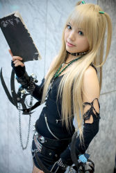 Rule 34 | 1girl, amane misa, amane misa (cosplay), asian, blonde hair, blue eyes, breasts, color contacts, cosplay, cross, cross necklace, death note, death note (object), fingerless gloves, fishnet pantyhose, fishnets, gloves, highres, indoors, jewelry, kipi-san, long hair, miniskirt, mole, necklace, pantyhose, photo (medium), skirt, small breasts, solo, two side up