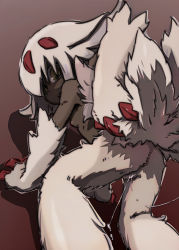 Rule 34 | 1girl, all fours, ass, black skin, breasts, brown eyes, claws, colored skin, extra arms, faputa, female focus, from behind, fur, looking back, made in abyss, monster girl, pussy, pussy juice, small breasts, solo, white hair, yontan haa