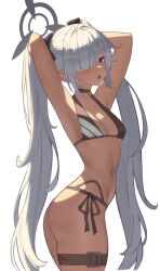 Rule 34 | 1girl, absurdres, armpits, arms behind head, ass, belt, bikini, black bikini, black halo, black ribbon, blue archive, breasts, brown belt, dark-skinned female, dark skin, hair over one eye, hair ribbon, halo, highres, iori (blue archive), iori (swimsuit) (blue archive), long hair, looking at viewer, medium breasts, mong na, official alternate costume, open mouth, pointy ears, red eyes, ribbon, side-tie bikini bottom, simple background, solo, swimsuit, thigh belt, thigh strap, twintails, very long hair, white background