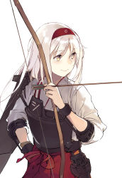 Rule 34 | 10s, 1girl, arrow (projectile), between fingers, bow (weapon), brown eyes, duoyuanjun, flight deck, hakama, hakama short skirt, hakama skirt, headband, highres, holding, japanese clothes, kantai collection, long hair, muneate, pleated skirt, red skirt, revision, shoukaku (kancolle), simple background, skirt, smile, solo, upper body, weapon, white background, white hair