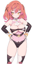 Rule 34 | 1girl, :o, animal print, blade (galaxist), breasts, elbow gloves, gloves, hands on own hips, highres, large breasts, leotard, multicolored hair, nail polish, open mouth, orange eyes, orange hair, original, pink hair, pink leotard, solo, twintails