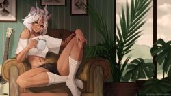 Rule 34 | 1girl, abs, absurdres, animal ears, arm tattoo, breasts, chair, cropped shirt, cup, dragon girl, dragon horns, flower pot, glasses, grey hair, guitar, highres, holding, holding cup, horns, indie virtual youtuber, indoors, instrument, looking at viewer, medium breasts, mug, navel, p-san (sansin), picture frame, plant, potted plant, sansin jin, short hair, shorts, sitting, smile, socks, solo, tattoo, tiger ears, virtual youtuber, window