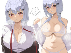 Rule 34 | 1girl, :d, :o, ?, bikini, black cardigan, blush, breasts, cardigan, cleavage, collared shirt, commentary request, cowboy shot, dress shirt, grey hair, grin, hair ornament, hairclip, hakase fuyuki, highres, large breasts, long hair, long sleeves, low twintails, navel, new sankin nyu, nijisanji, off shoulder, open cardigan, open clothes, open mouth, parted lips, shirt, simple background, smile, spoken question mark, stomach, sweat, swimsuit, twintails, upper body, virtual youtuber, white background, white bikini, white shirt