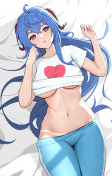 Rule 34 | 1girl, absurdres, ahoge, blue hair, blue pants, blush, breasts, clothes lift, clothes pull, crossed bangs, from above, ganyu (genshin impact), genshin impact, goat horns, gradient eyes, hands up, heart, heart print, highres, horns, l.tea, large breasts, long hair, looking at viewer, lying, midriff, multicolored eyes, on back, on bed, panties, pants, pants pull, panty peek, parted lips, purple eyes, shirt, shirt lift, short sleeves, solo, stomach, t-shirt, underboob, underwear, very long hair, white panties, white shirt