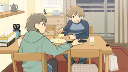 1boy 1girl apple apple_slice black_pantyhose blue_pants blue_shirt blue_shorts brown_hair controller food food_in_mouth fruit green_sweater highres holding holding_remote_control indoors kojiro337 looking_to_the_side original pants pantyhose remote_control shirt short_hair shorts sitting sweatdrop sweater table tissue_box