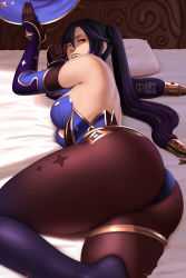 Rule 34 | 1girl, artist name, ass, bare back, bare shoulders, bed, bed frame, black hair, blue hat, blue leotard, blue sleeves, breasts, colored skin, curvy, detached sleeves, dress, elbow gloves, from behind, from below, genshin impact, gloves, gold trim, green eyes, hair ornament, hair ribbon, hat, highleg, highleg leotard, holding, holding clothes, holding hat, huge ass, iury padilha, leotard, long hair, looking at viewer, looking down, lying, medium breasts, mona (genshin impact), multicolored clothes, multicolored gloves, on side, on stomach, one eye closed, open mouth, pantyhose, pillow, purple gloves, purple hair, ribbon, shiny clothes, shiny skin, solo, star (symbol), strapless, strapless dress, thick thighs, thighhighs, thighlet, thighs, twintails, very long hair, watermark, white skin, wide hips, witch hat, wizard hat