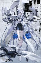 Rule 34 | 1girl, absurdres, android, ankle boots, arms at sides, barcode, between breasts, blue socks, boots, braid, braided bangs, breasts, buckle, cable, camera, character request, chunithm, closed mouth, corset, cross-laced clothes, drone, frilled sleeves, frills, full body, glasses, grey background, grey eyes, grey footwear, grey hair, headgear, headset, highres, jacket, joints, layered clothes, layered sleeves, lipstick, long hair, looking at viewer, low-braided long hair, low-tied long hair, machine, makeup, medium breasts, multiple braids, off shoulder, open clothes, open jacket, platform footwear, robot joints, rolua, round eyewear, satellite dish, sega, sleeves past fingers, sleeves past wrists, smile, snap-fit buckle, socks, solo, standing, very long hair, very long sleeves, white jacket