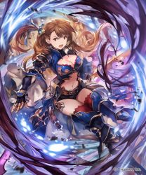 Rule 34 | 10s, 1girl, bad id, bad twitter id, beatrix (granblue fantasy), breasts, brown eyes, brown hair, cleavage, gloves, granblue fantasy, highres, large breasts, lee hyeseung, long hair, looking at viewer, navel, open mouth, ponytail, shadowverse, solo, thighhighs