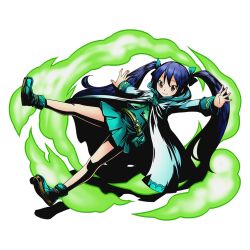 Rule 34 | 10s, 1girl, alpha transparency, blue hair, boots, bow, brown eyes, cape, divine gate, dress, fairy tail, full body, green bow, green dress, green footwear, hair bow, hood, long hair, looking at viewer, official art, outstretched arms, pleated dress, shadow, smile, solo, transparent background, twintails, ucmm, very long hair, wendy marvell