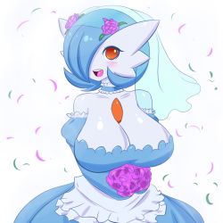 Rule 34 | 1girl, alternate color, bare shoulders, blue hair, blush, bouquet, breasts, choker, cleavage, collarbone, creatures (company), dress, female focus, flower, game freak, gardevoir, gen 3 pokemon, hair flower, hair ornament, hair over one eye, huge breasts, jcdr, large breasts, looking at viewer, lucy (jcdr), nintendo, one eye covered, open mouth, orange eyes, pokemon, pokemon (creature), shiny pokemon, shiny skin, short hair, sidelocks, simple background, smile, solo, upper body, wedding dress, white background
