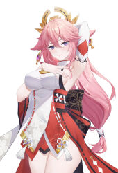 Rule 34 | 1girl, absurdres, animal ears, arm up, armpits, bare shoulders, blush, breasts, commentary request, detached sleeves, earrings, fox, fox ears, genshin impact, hair between eyes, hair ornament, hand on own chest, highres, japanese clothes, jewelry, long hair, looking at viewer, medium breasts, nontraditional miko, pink fur, pink hair, purple eyes, sideboob, sidelocks, simple background, smile, solo, thighs, tujiu sama, turtleneck, very long hair, wide sleeves, yae miko