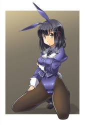 Rule 34 | 10s, 1girl, absurdres, adapted costume, alto-00, animal ears, black hair, brown eyes, brown pantyhose, fake animal ears, haguro (kancolle), hair ornament, highres, kantai collection, kneeling, leotard, looking at viewer, pantyhose, playboy bunny, purple leotard, rabbit ears, rabbit tail, short hair, solo, tail