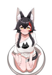 Rule 34 | 1girl, adapted costume, animal ears, black hair, blush, breasts, closed mouth, collarbone, commentary request, hololive, kani bonara, large breasts, long hair, looking at viewer, multicolored hair, no pants, ookami mio, red hair, sidelocks, single bare shoulder, single thighhigh, sitting, skirt, smile, solo, streaked hair, tail, tail around own leg, tail wrap, thighhighs, virtual youtuber, wariza, white skirt, wolf ears, wolf girl, wolf tail, yellow eyes
