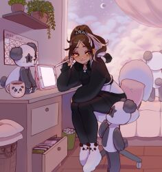 Rule 34 | 1girl, 2022, absurdres, black hoodie, black pants, book, brown hair, calendar (object), cloud, coffee, commentary, crescent moon, cudlil, cup, curtains, desk, green eyes, headphones, headphones around neck, highres, hood, hood down, hoodie, indoors, leaning forward, living plush, looking down, mole, mole above mouth, moon, mug, multicolored hair, night, night sky, original, pants, pink hair, ponytail, sky, smile, socks, solo focus, streaked hair, stuffed animal, stuffed panda, stuffed toy, sweatpants, symbol-only commentary, tablet pc, trash can, white socks