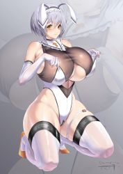 Rule 34 | 1girl, absurdres, alicia renato (yashiro sousaku), artist request, bare shoulders, blush, breasts, closed mouth, commentary request, commission, elbow gloves, full body, gloves, grey hair, hairband, heterochromia, highres, huge breasts, kneeling, leotard, looking at viewer, original, red eyes, thighhighs, thighs, white gloves, white leotard, white thighhighs, yellow eyes