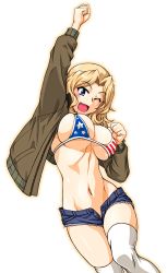 Rule 34 | 1girl, absurdres, american flag bikini, arm up, bikini, blonde hair, blue eyes, blue shorts, blush, bouncing breasts, breasts, flag print, girls und panzer, highres, kay (girls und panzer), large breasts, military, military uniform, navel, oosaka kanagawa, open clothes, open mouth, open shorts, saunders military uniform, shiny skin, short hair, short shorts, shorts, simple background, skindentation, smile, solo, swimsuit, thighhighs, uniform, white background, white thighhighs