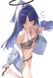 Rule 34 | 1girl, adjusting footwear, alternate costume, bikini, black bikini, blue archive, blush, breasts, gmatogachi, halo, highres, jacket, jacket partially removed, long hair, mouth hold, navel, purple eyes, purple hair, simple background, small breasts, solo, standing, standing on one leg, sweatdrop, swimsuit, tupet, very long hair, white background, yuuka (blue archive)