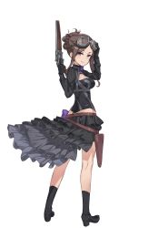 Rule 34 | 1girl, black footwear, black gloves, black skirt, boots, breasts, brown hair, cleavage, dorothy (princess principal), dress, frilled skirt, frills, full body, gloves, goggles, goggles on head, gun, hair up, highres, holding, holding gun, holding weapon, holster, looking back, official art, princess principal, princess principal game of mission, purple eyes, skirt, smile, standing, transparent background, weapon