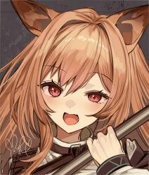 Rule 34 | 1girl, :d, animal ears, arknights, black background, brown hair, brown jacket, ceobe (arknights), close-up, commentary request, grey jacket, haiba 09, hair between eyes, hair intakes, hand up, holding, jacket, light blush, long hair, long sleeves, looking at viewer, open mouth, partial commentary, pink eyes, portrait, signature, smile, solo