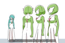 Rule 34 | 4girls, alternate color, arms at sides, back, blue hair, blue skin, bob cut, breast conscious, breasts, bright pupils, closed mouth, collarbone, colored skin, creatures (company), ddingyong, facing away, female focus, flat chest, from behind, full body, game freak, gardevoir, gen 3 pokemon, green hair, green skin, hair over one eye, highres, korean text, legs together, looking at another, looking down, medium breasts, multicolored skin, multiple girls, nintendo, one eye covered, orange eyes, pokemon, pokemon (creature), red eyes, shiny pokemon, short hair, standing, sweat, translation request, two-tone skin, white pupils, white skin
