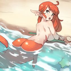 Rule 34 | 1girl, ahoge, ass, beach, breasts, commentary, completely nude, english commentary, fins, freckles, from behind, gills, green eyes, large breasts, long hair, looking at viewer, looking back, lying, mermaid, monster girl, nude, ocean, on stomach, orange hair, original, parted lips, pointy ears, sand, seashell, shell, solo, starfish, thick eyebrows, vins-mousseux, water