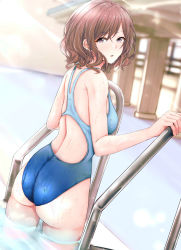 Rule 34 | 1girl, aga marino, ass, bad id, bad twitter id, blue one-piece swimsuit, blurry, breasts, brown hair, competition swimsuit, cowboy shot, depth of field, from behind, from side, hair between eyes, higuchi madoka, idolmaster, idolmaster shiny colors, looking at viewer, medium breasts, mole, mole under eye, one-piece swimsuit, parted bangs, pool ladder, purple eyes, short hair, skindentation, solo, swept bangs, swimsuit, wading, water, wavy hair