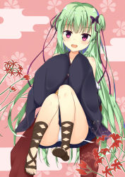 Rule 34 | 1girl, :d, aroma0501, bare shoulders, black kimono, blue skirt, blush, brown footwear, butterfly hair ornament, collarbone, commentary request, egasumi, flower, green hair, hair ornament, hair ribbon, highres, japanese clothes, kimono, long hair, long sleeves, looking at viewer, murasame (senren), obi, open mouth, panties, purple eyes, purple ribbon, red flower, ribbon, sash, senren banka, short kimono, sitting, skirt, sleeves past fingers, sleeves past wrists, smile, solo, teeth, toenails, two side up, underwear, upper teeth only, very long hair, white panties