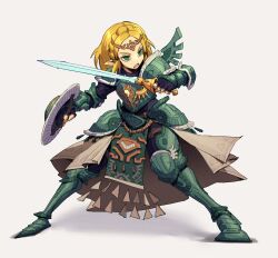 Rule 34 | 1girl, absurdres, alternate costume, armor, armored boots, black gloves, blonde hair, boots, braid, crown braid, fingerless gloves, full armor, full body, gloves, green eyes, highres, holding, holding shield, holding sword, holding weapon, looking to the side, medium hair, nintendo, parted bangs, pikat, pointy ears, princess zelda, shield, simple background, solo, standing, sword, the legend of zelda, the legend of zelda: tears of the kingdom, weapon, white background