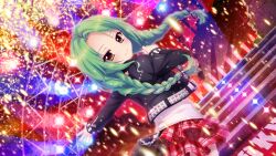 Rule 34 | 1girl, black jacket, brick wall, broken wall, closed mouth, colored lights, concert, dot nose, film grain, forehead, from behind, game cg, green hair, hand up, idol, idol clothes, izumi tsubasu, jacket, long braid, long hair, looking at viewer, looking back, low twintails, non-web source, official art, outstretched arm, plaid, plaid skirt, re:stage!, red skirt, shirokita kuroha, shirt, skirt, smile, solo, sparkle, stage, stairs, twintails, utility pole, white shirt, yellow eyes