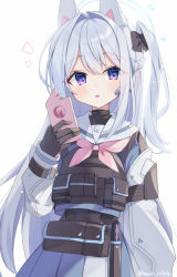 Rule 34 | 1girl, animal ears, arm belt, black bow, black gloves, blue archive, blue serafuku, blue skirt, bow, braid, cellphone, cowboy shot, earpiece, fake animal ears, gloves, hair bow, halo, highres, holding, holding phone, light blush, long hair, looking at viewer, miyako (blue archive), neckerchief, one side up, parted lips, phone, pink gloves, pink neckerchief, bulletproof vest, pouch, purple eyes, rabbit ears, sailor collar, school uniform, serafuku, shirai tanuki, simple background, skirt, smartphone, solo, tactical clothes, twitter username, two-tone gloves, two-tone skirt, white background, white hair, white sailor collar, white skirt