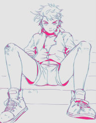 Rule 34 | 1boy, alternate costume, bandage on face, bandages, chromatic aberration, converse, foreshortening, frown, h28, hands in pockets, jacket, jojo no kimyou na bouken, joseph joestar, joseph joestar (young), male focus, mixed media, monochrome, partially colored, perspective, shoes, short shorts, shorts, sitting, sneakers, solo, stairs, aged down